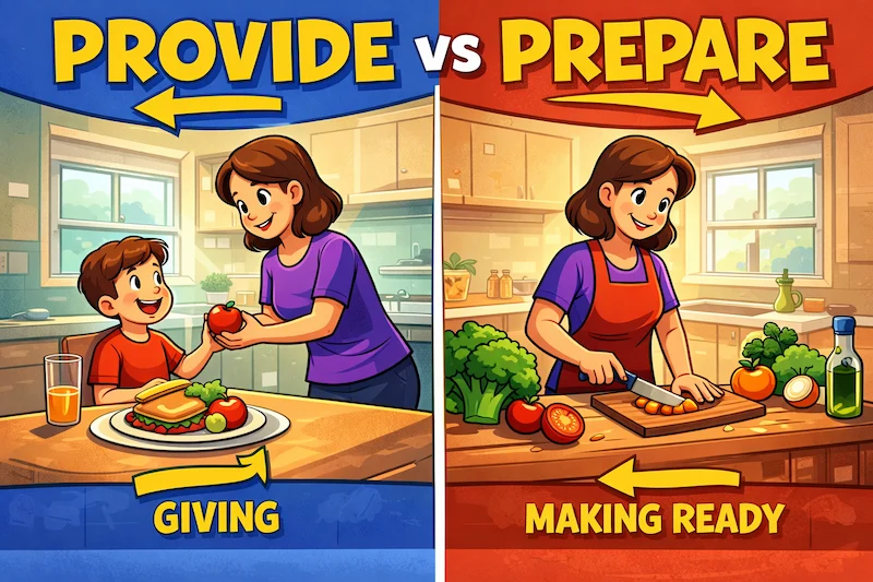 Cartoon image comparing provide and prepare, showing a woman giving food to a child for provide and the same woman cutting vegetables to get ready for prepare.